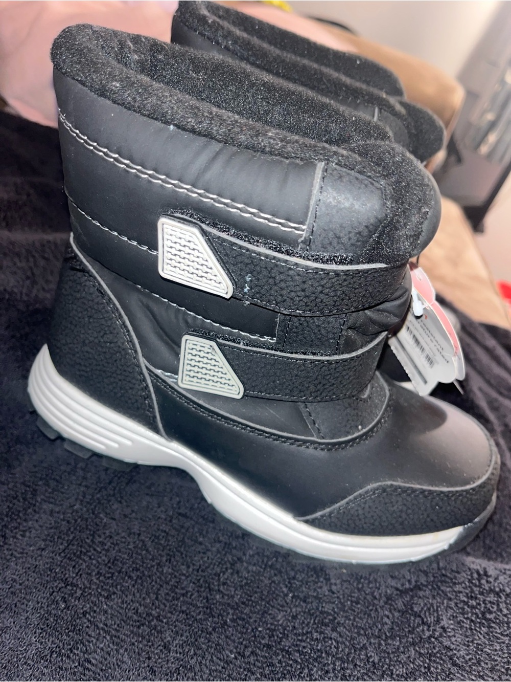 wonder nation Black and White Kids Snow Boots with Hook-and-Loop Straps